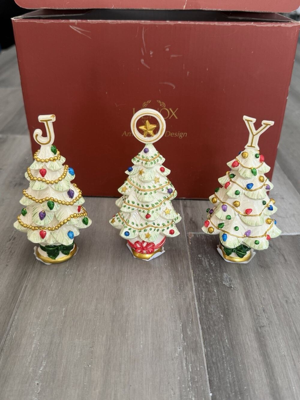 Lenox 3 PC. Christmas Tree Assortment Topped with Letters J-O-Y Hand painted New